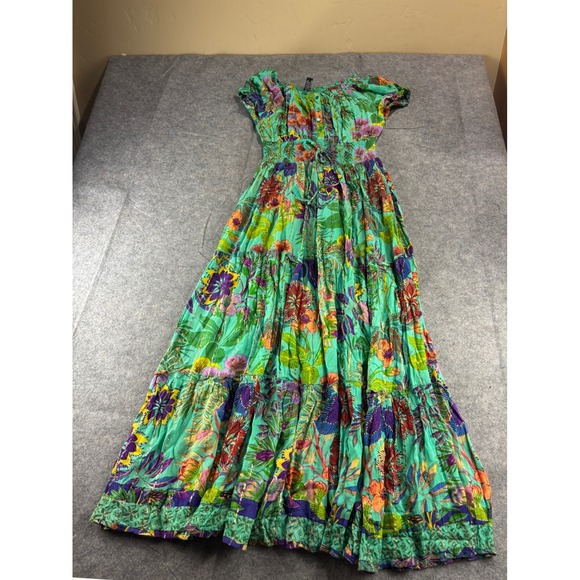 Me 2 Magic Dresses & Skirts - Me 2 Magic Floral Maxi Dress Green Tropical Gold Metallic Boho Smocked Womens S